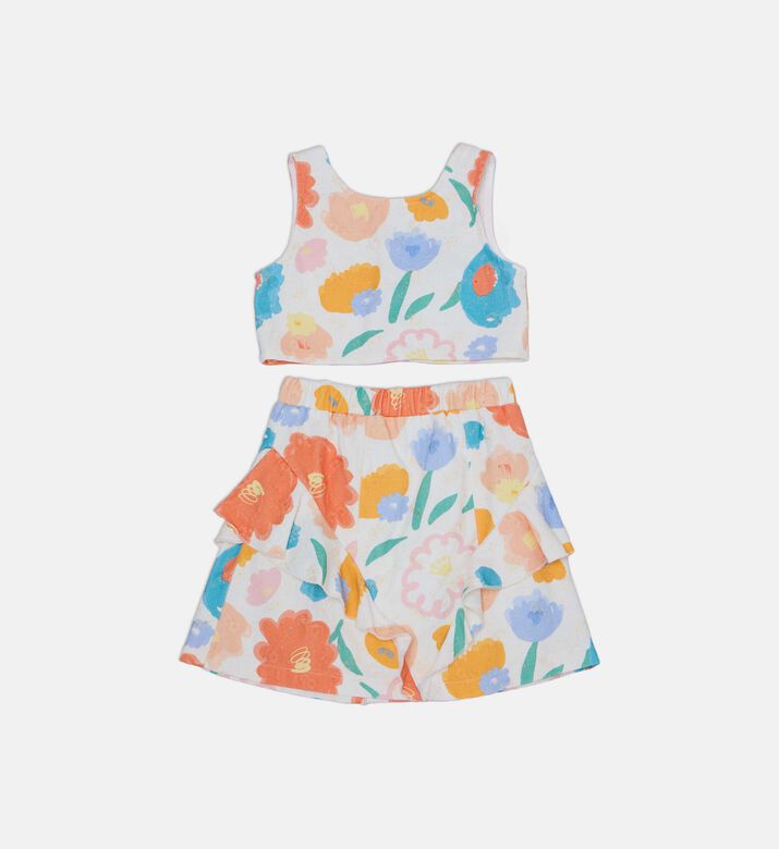 Abstract Flowers Crop Skirt Set