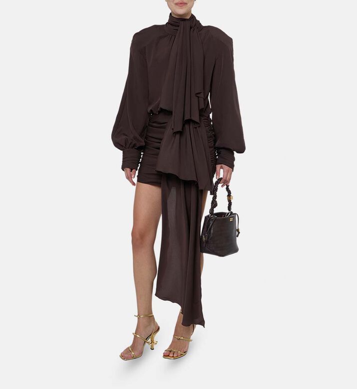 Rowen Rose Bowed Collar Ruched Mini Dress, Model View