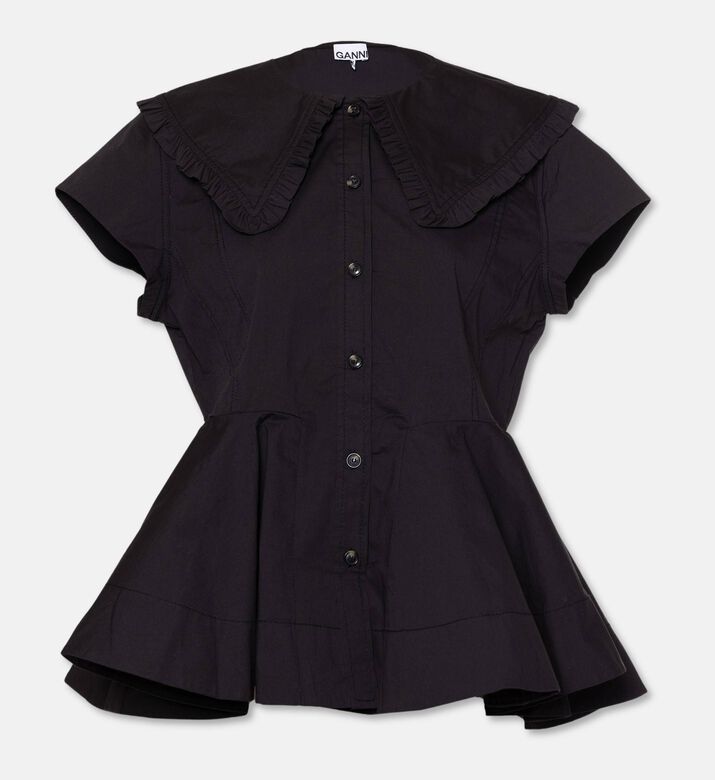 Ganni Ruffled Button-down Peplum Blouse, Black, 38, Packshot View