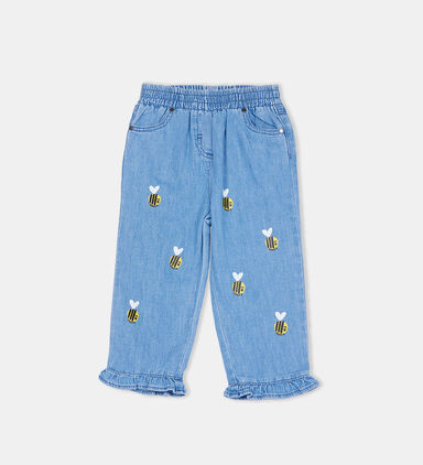 Striped Bow-print Frill Hem Jeans