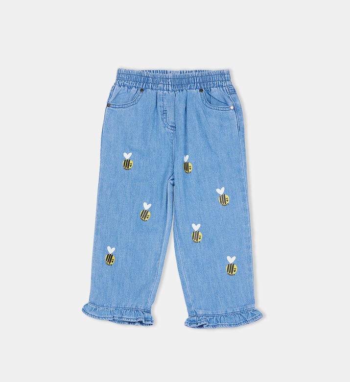Striped Bow-print Frill Hem Jeans