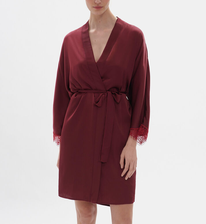 Satin Lace-trim Belted Kimono
