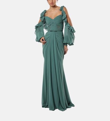 Teal Rushed Off-shoulder Gown