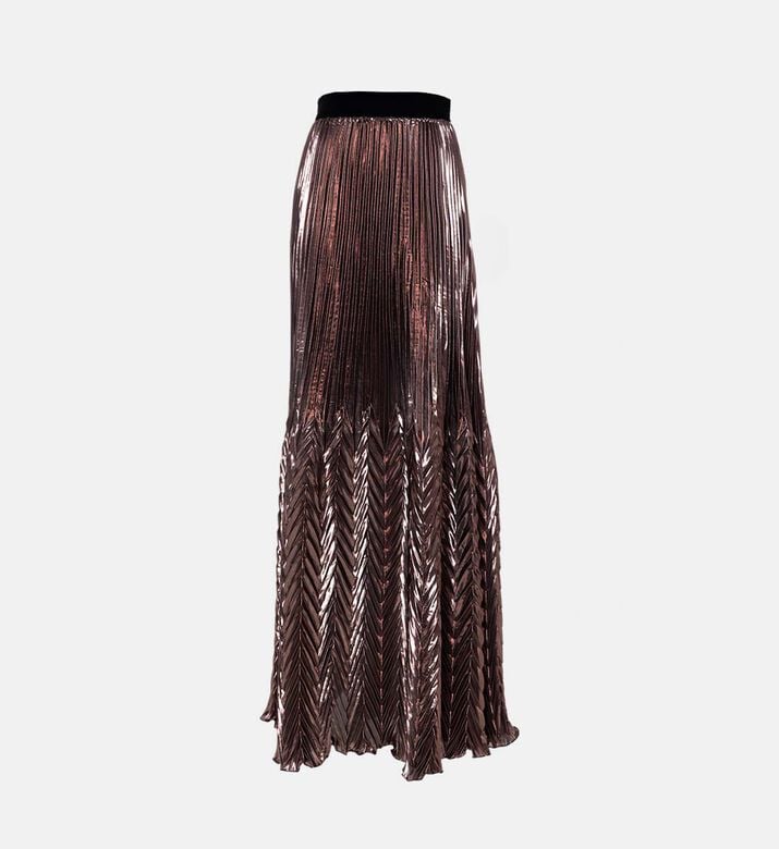 Blue For Burgundy Chevron Pleated Metallic Maxi Skirt, Brown, 42, Packshot View
