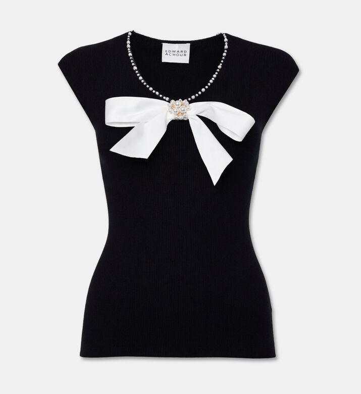 Edward Achour Paris Ribbed Knit Embellished Jewel Top, Black, 44, Packshot View