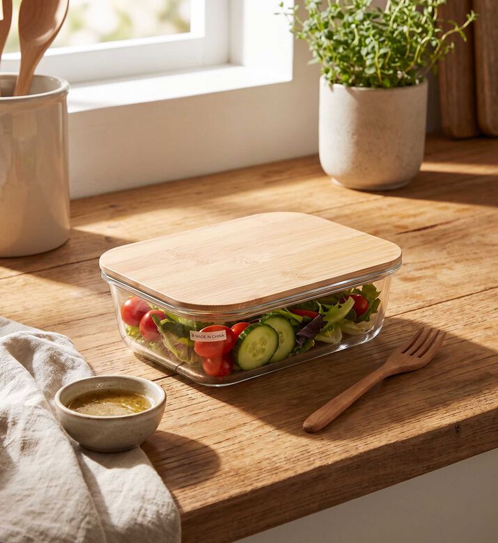 Home Deco and More Glass Rectangle Bamboo Lid Container, Transparent, 19.8x14.8-cm, Packshot View