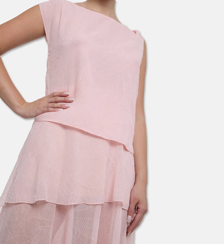 Blue For Burgundy Tonal Leaf Pattern Tiered Maxi Dress, Model View