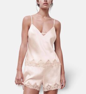 Chantelle Satin Embroidered Flower V-neck Top, Pink, Xl, Model View