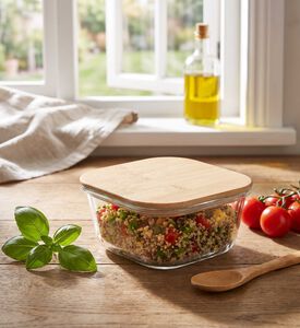 Home Deco and More Glass Square Bamboo Lid Container, Transparent, 13.3x13.3x6-cm, Packshot View