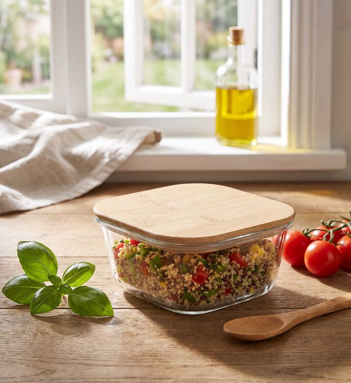 Home Deco and More Glass Square Bamboo Lid Container, Transparent, 13.3x13.3x6-cm, Packshot View