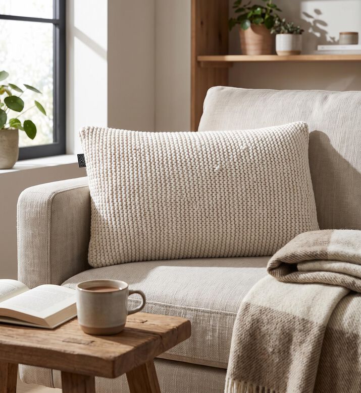 Home Deco and More Florence Waffle Knit Cushion, Beige, 35x50x35-cm, Packshot View