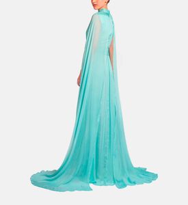 Michael Cinco Silk High Neck Sleeveless Flared Dress, Light-blue, Xl, Model View