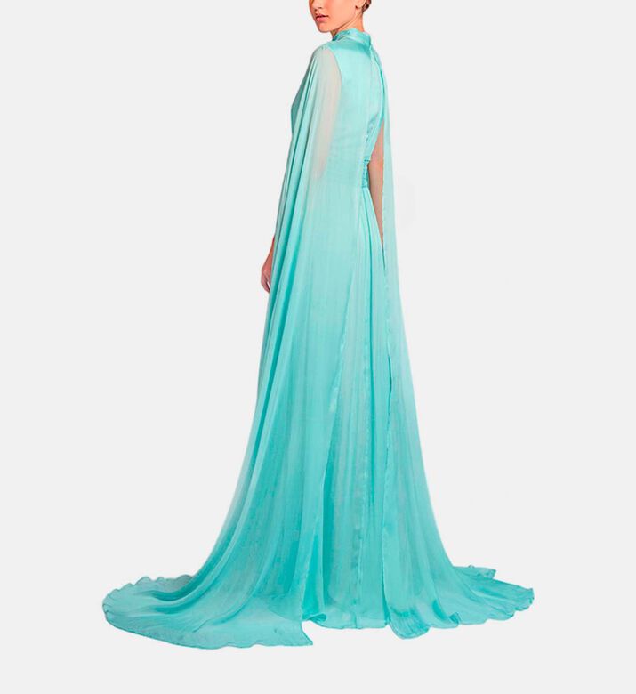 Michael Cinco Silk High Neck Sleeveless Flared Dress, Light-blue, Xl, Model View