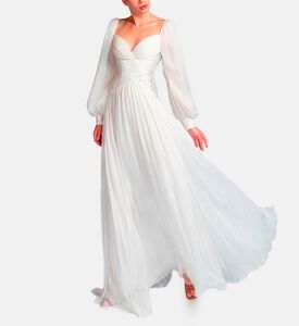Michael Cinco Rhinestone-embellished Puff Sleeve Maxi Dress, White, M, Model View