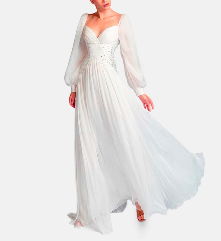 Michael Cinco Rhinestone-embellished Puff Sleeve Maxi Dress, White, M, Model View