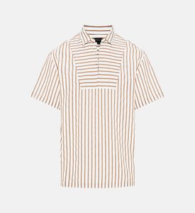 قميص كتان قصير الأكمام مخطط بياقة أمامية