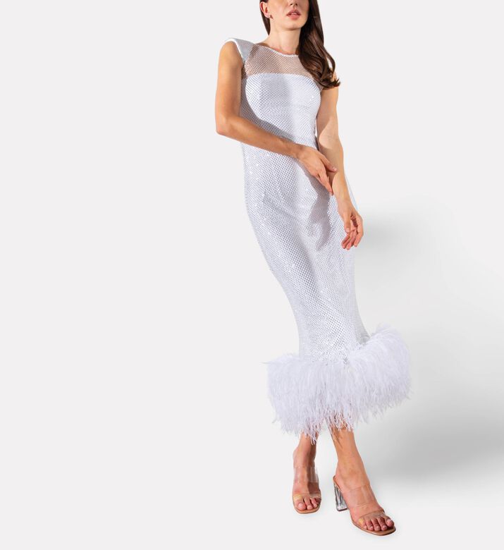 Savanna Feather-trimmed Crystal-embellished Sleeveless Cocktail Dress, White, S-m, Model View