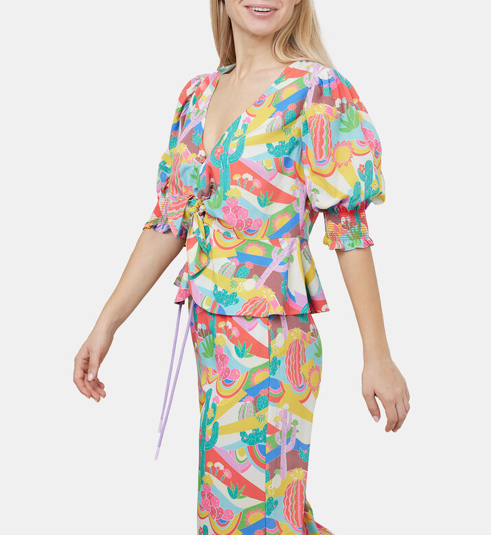 بلوزة بطبعة نخيل ربيعية برباط إغلاق