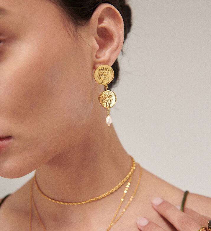 Ottoman Hands Double Coin Design Stud Earrings, Packshot View