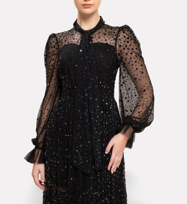 Michael Cinco Sheer Sleeves Long Dress, Model View