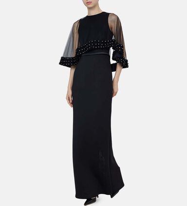 Beaded Sheer Sleeves Flared Dress