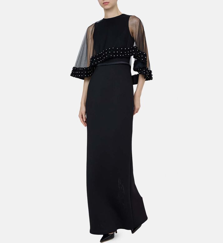 Beaded Sheer Sleeves Flared Dress