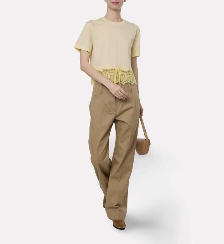 Patou Lace Hem Gathered T-shirt, Yellow, L, Model View