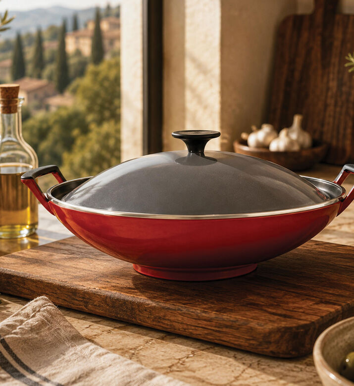 Le Creuset Cast Iron Glass Lid Wok, Red, 36-cm, Packshot View