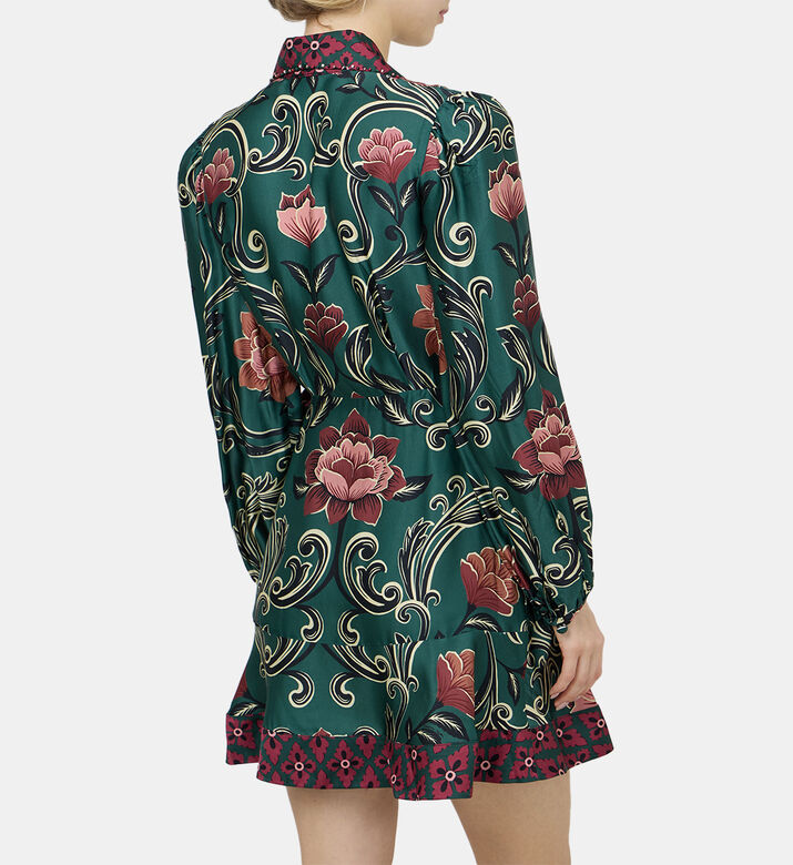 فستان أرابيسك قصير بأكمام طويلة مزين بأزهار