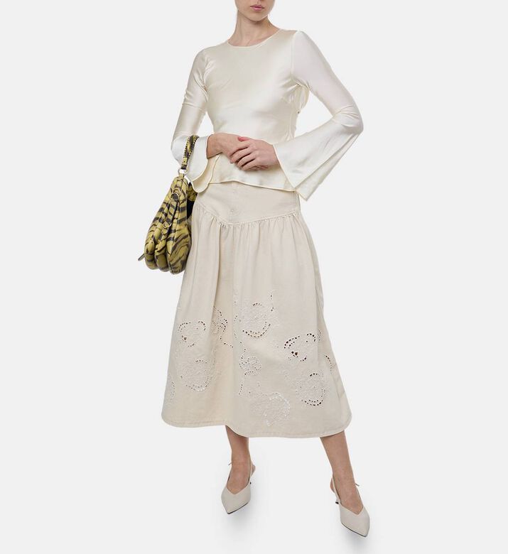 Ganni Embroidered Long Denim Skirt, Model View Ganni Embroidered Long Denim Skirt, Model View