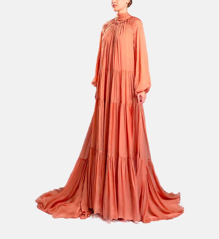 Michael Cinco Long-sleeve High Neck Flared Dress, Light-brown, Model View