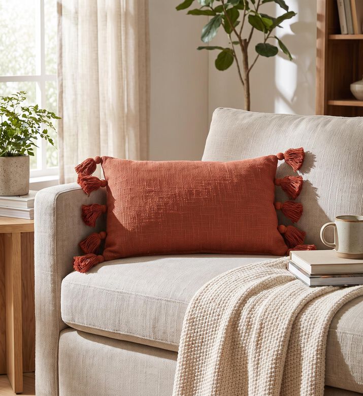 Deko and Co Slub Rectangle Pom Pom Cushion, Terracotta, 30x50-cm, Packshot View