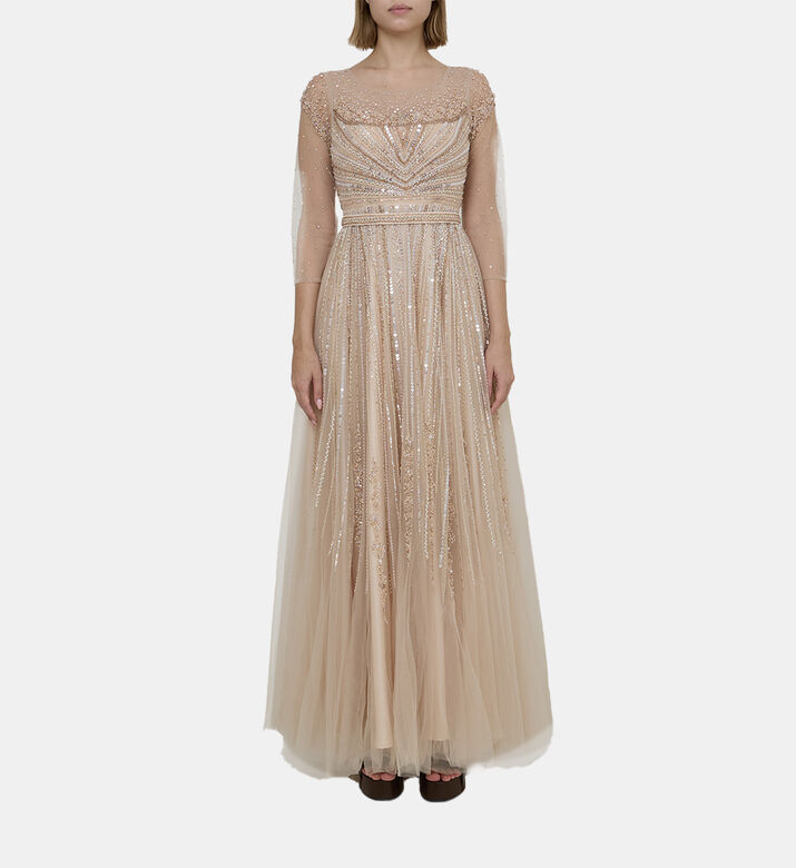 Sequin Bead Embellished Flared Tulle Dress