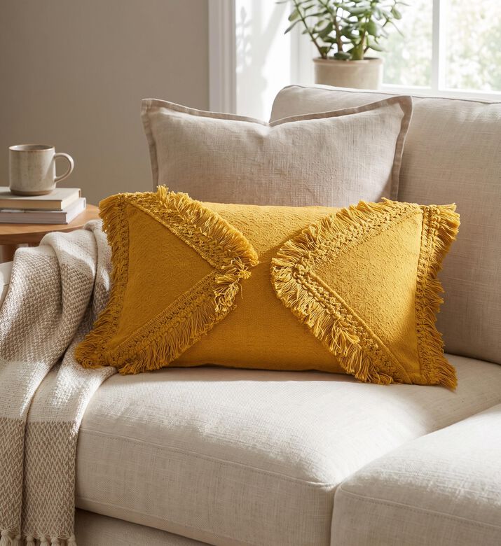 Home Deco and More Swan Fringe Applique Filled And Vaccumed Cushion, Yellow, Packshot View