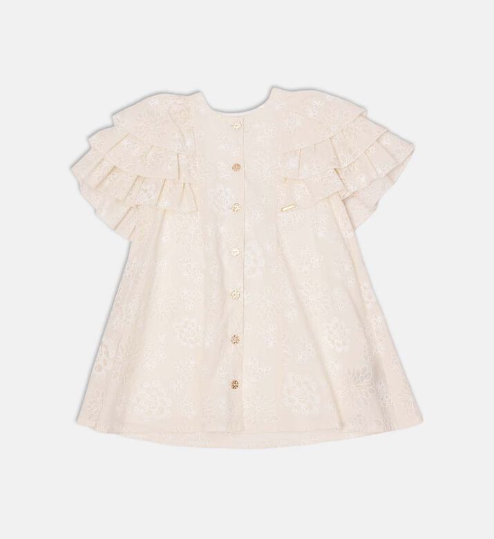 Floral Embossed Pattern Tiered Ruffled Cap Sleeves Dress