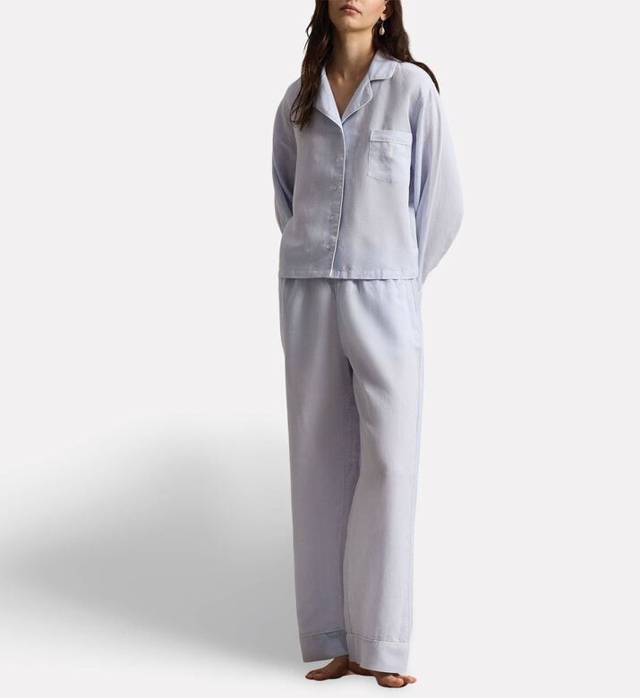 Polo by Ralph Lauren Linen Cotton Long-sleeve Pajama Set, Light-blue, S, Model View