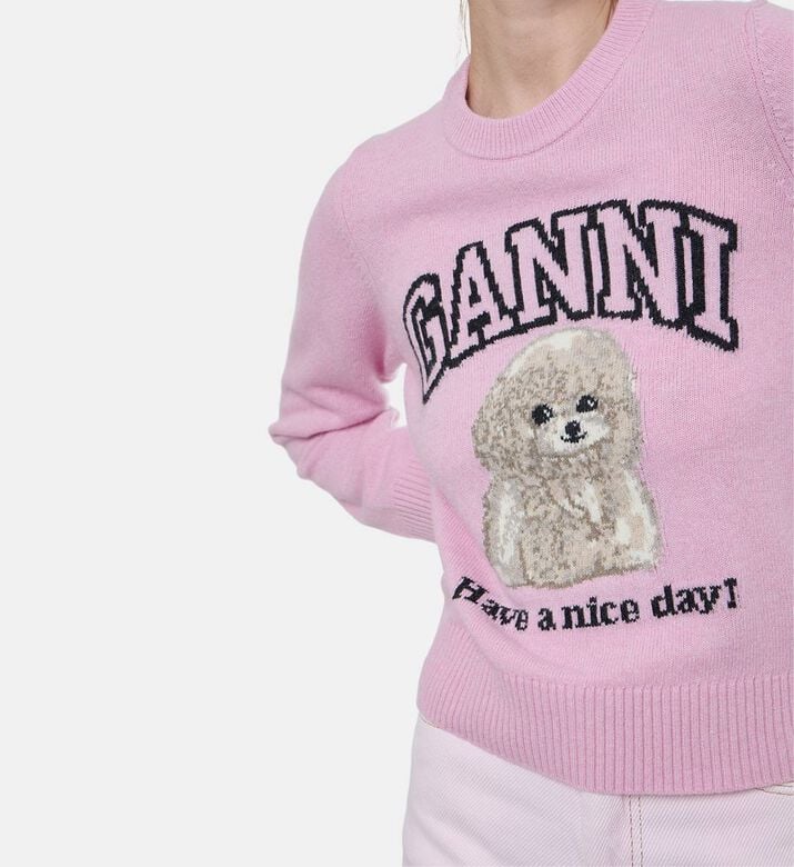 Ganni Dog-embroidery Crewneck Sweater, Model View Ganni Dog-embroidery Crewneck Sweater, Model View