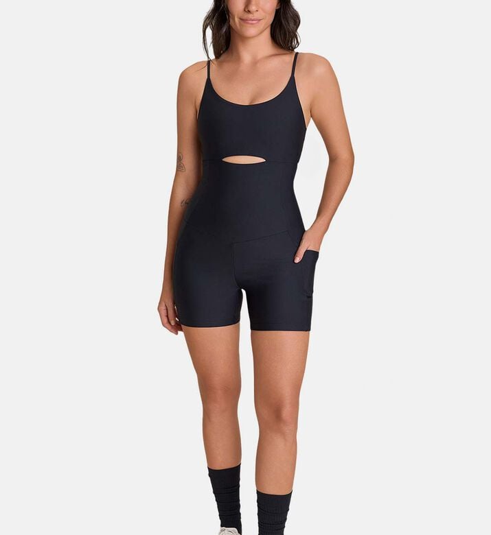 LIVE! Horizontal Cut-out Mid-thigh Jumpsuit, Model View LIVE! Horizontal Cut-out Mid-thigh Jumpsuit, Model View