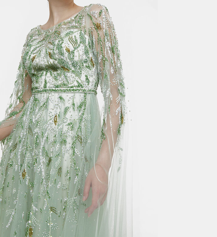 فستان ماكسي بكاب بتصميم أوراق شجر