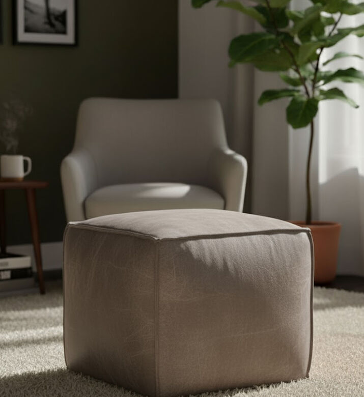 Home Deco and More Cuby Suede Leather Square Pouf, Green, Packshot View