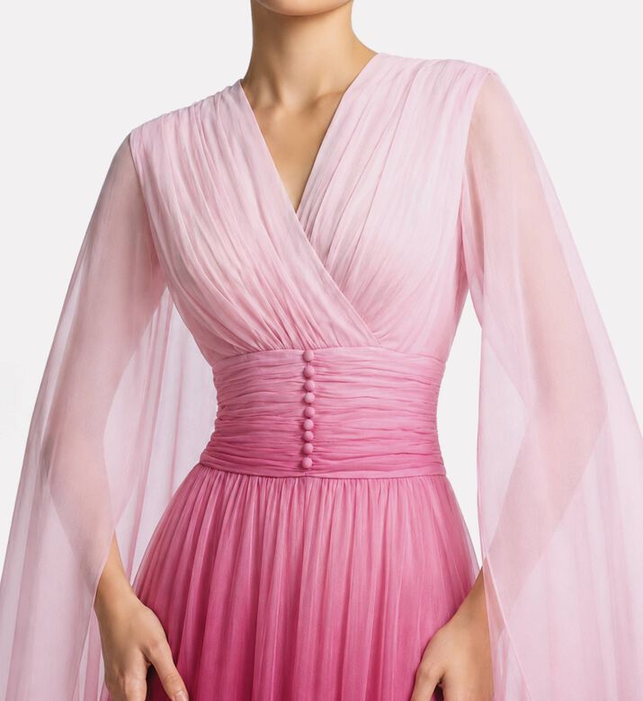 Michael Cinco Chiffon Draped V-neck Evening Dress, Model View