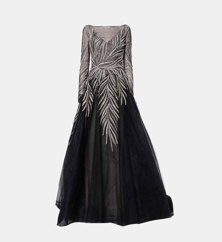 Leaves Sequins Flared Maxi Gown