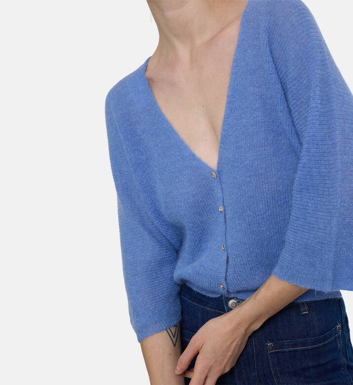 Ba and Sh Isaac Bell Sleeves Cropped Cardigan, Blue, Xs, Model View