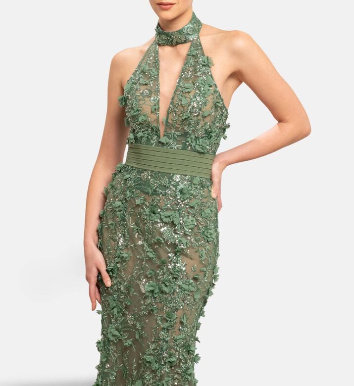 Michael Cinco Embellished Deep Neckline Long Dress, Model View