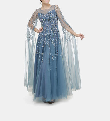Tulle Sleeves Leaves-design Maxi Gown