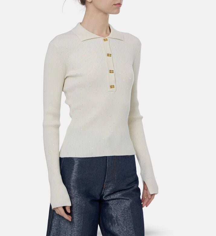 Ganni Ornate Gold-tone Buttons Ribbed Knit Top, Off-white, M, Model View