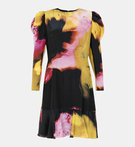 Chine Blur-print Long Puff-sleeve Mini Dress