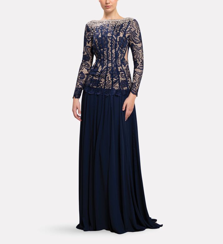 Michael Cinco Corset Lace Long Dress, Model View
