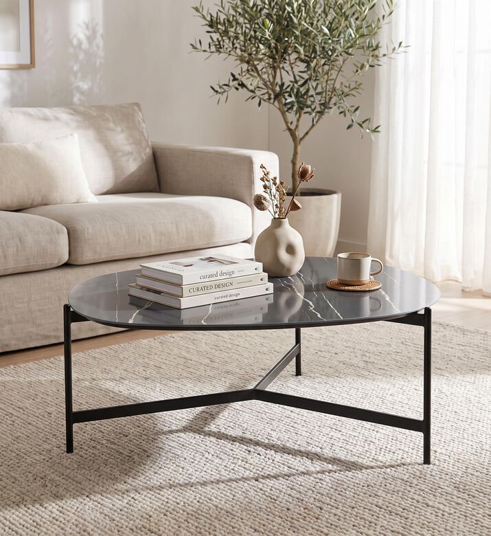 PR-Living & Muundo Pebbles Italian Ceramic Coffee Table, Black, 100-cm, Packshot View