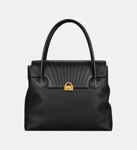 Camille Fournet Signature Calf Leather Pleated Flap Tote Bag, Black, Packshot View
